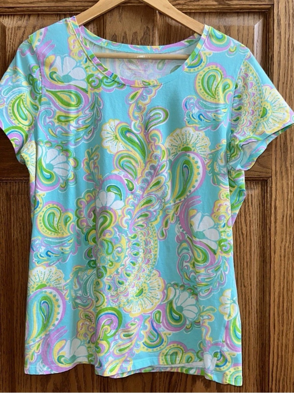 Lilly Pulitzer Aqua Paisley Short Sleeve Tee with Pink & Green Accents
